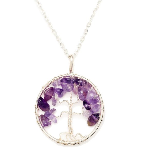 Round Silver Pendant Wire Wrapped Amethyst Tree of Life Fashion Necklace - Picture 5 of 8